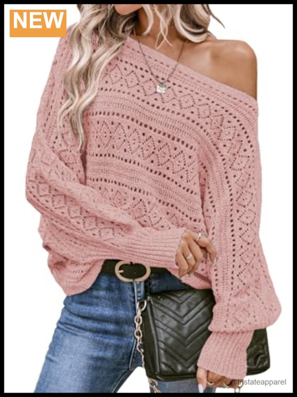 Women's Crochet Boat Neck Long Batwing Sleeve Loose Knit Pullover Sweater